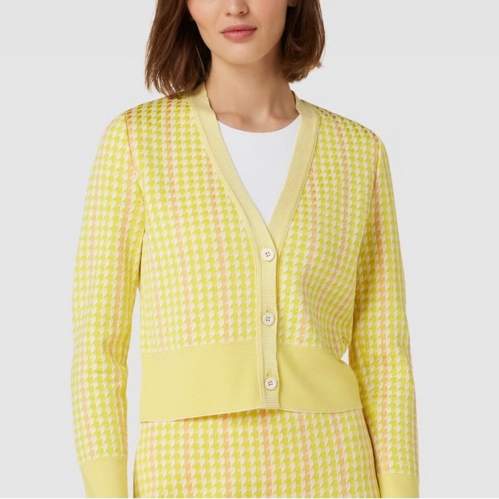Marc Cain Lemon Yellow Patterned Houndstooth Cardigan